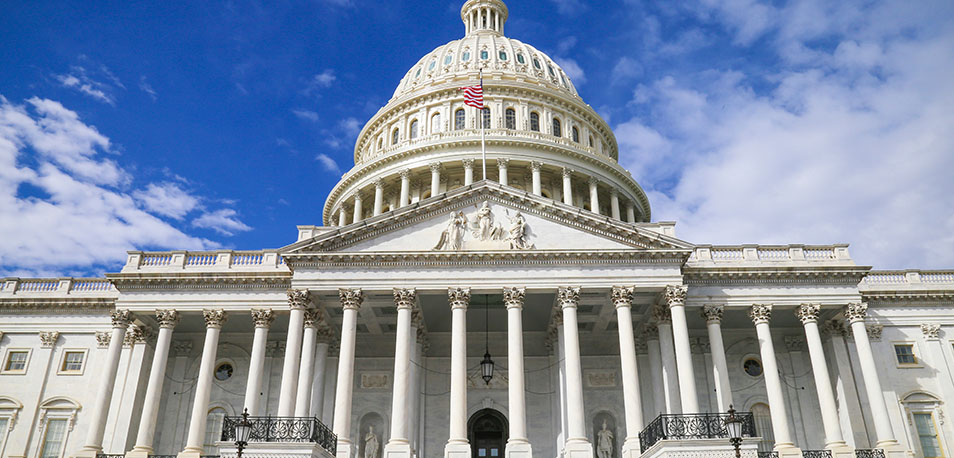 View of the front of the Capitol building on a cloudy day