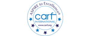 CARF International logo with www.carf.org below it. The text is enclosed in a circle where the top reads "Aspire to excellence" and the bottom has stars